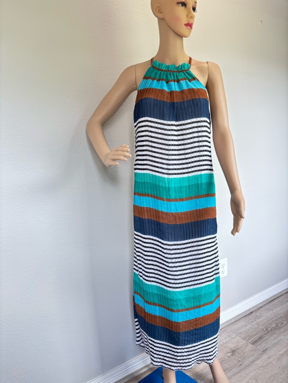 Vasna Desire Striped Halter Maxi Dress in Teal, Navy & Brown NWT - Picture 5 of 15
